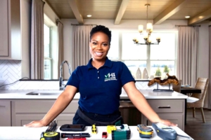 Emerald Sawyer with her home inspection tools in a modern kitchen